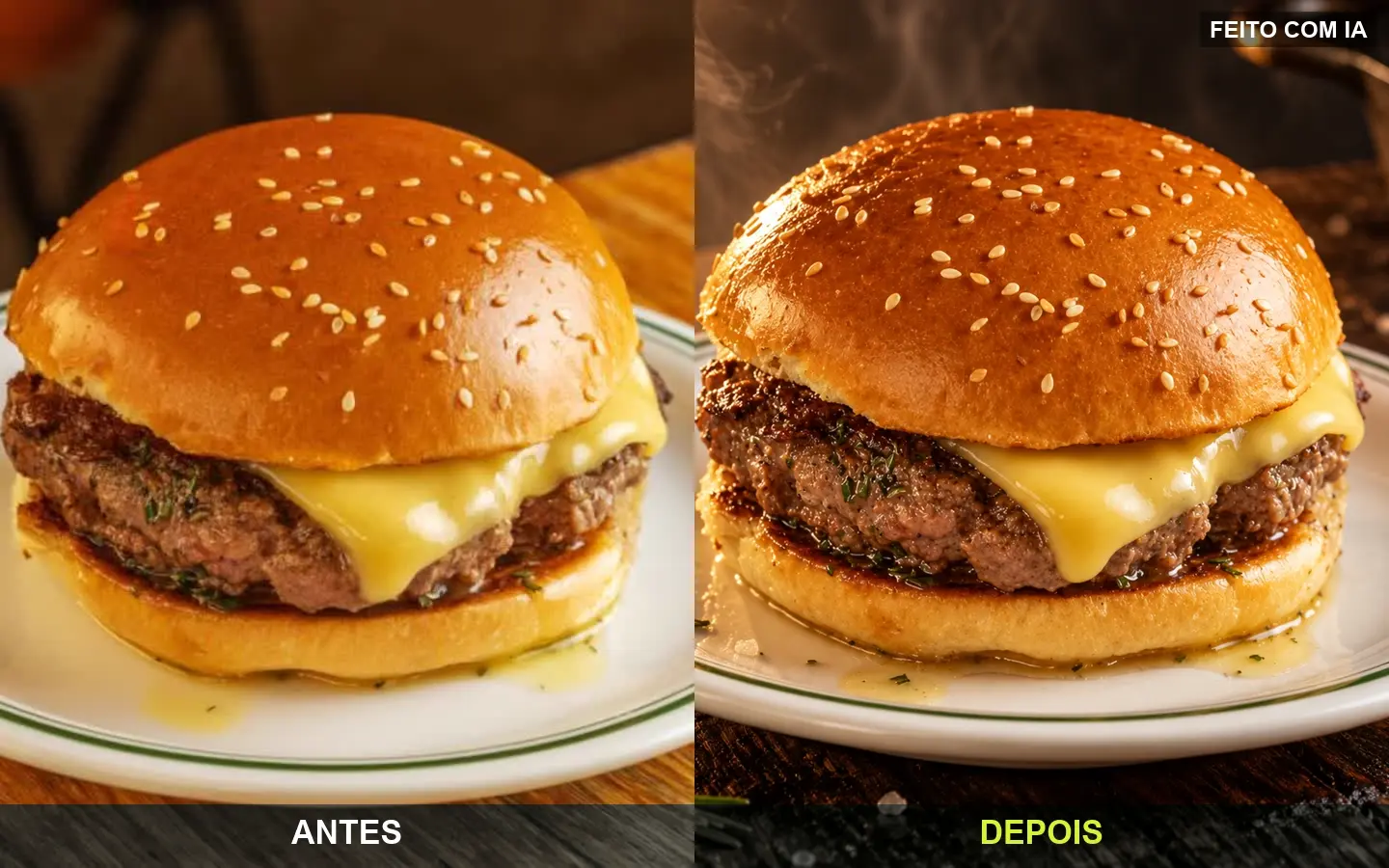 Hambúrguer antes e depois, feito com IA.