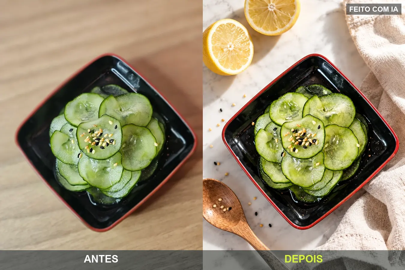Salada de pepino antes e depois, feito com IA.