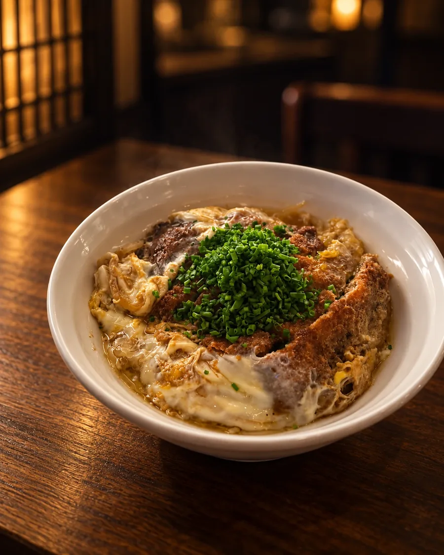 Tigela de katsudon em mesa de madeira, salão ao fundo.