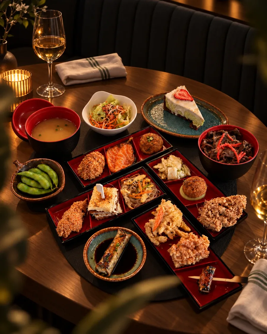 Mesa posta com bento, sopa e sobremesa, à luz de vela.